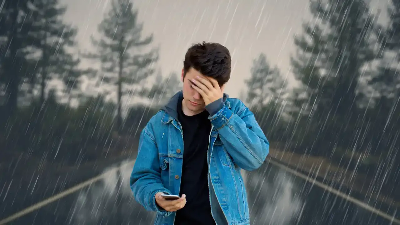 डेनिम जॅकेट घातलेला एक व्यक्ती मुसळधार पावसात स्मार्टफोन घेऊन हताश दिसत आहे, ज्याच्या मागे धूसर झालेला ओला रस्ता आणि झाडे आहेत.