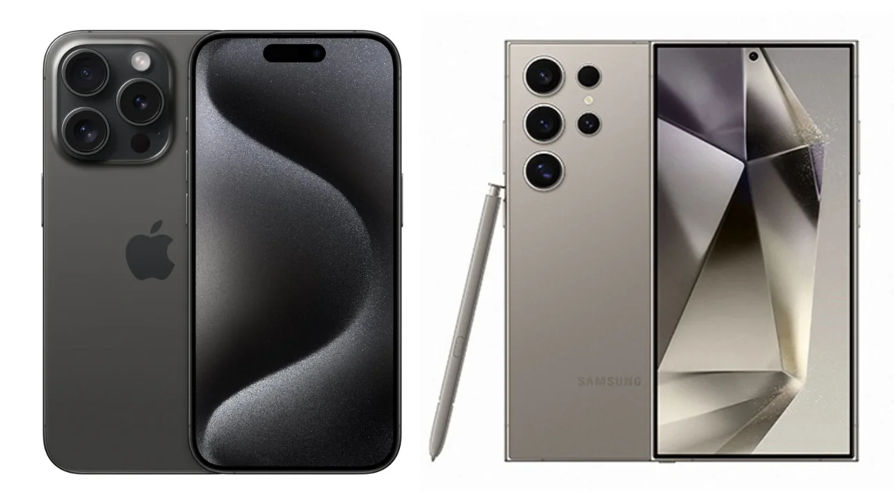 iPhone 15 Pro और Samsung Galaxy S24 Ultra का फ्रंट और बैक डिज़ाइन