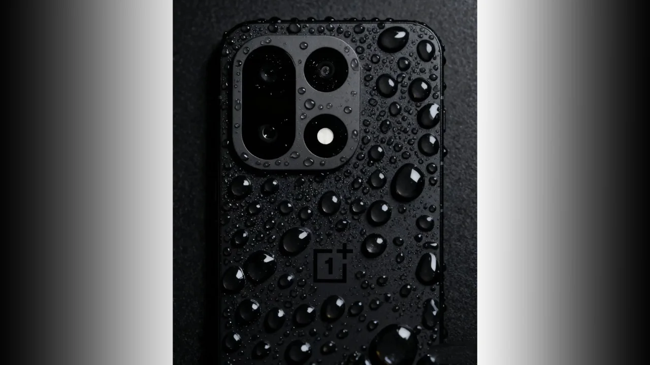 OnePlus 16 Pro का बैक पैनल जिसमें पानी की बूंदें और उन्नत ट्रिपल कैमरा सेटअप दिखाया गया है।